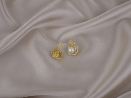 Elegant Freshwater Pearl and Zircon Gold Clip-On Earring image 1
